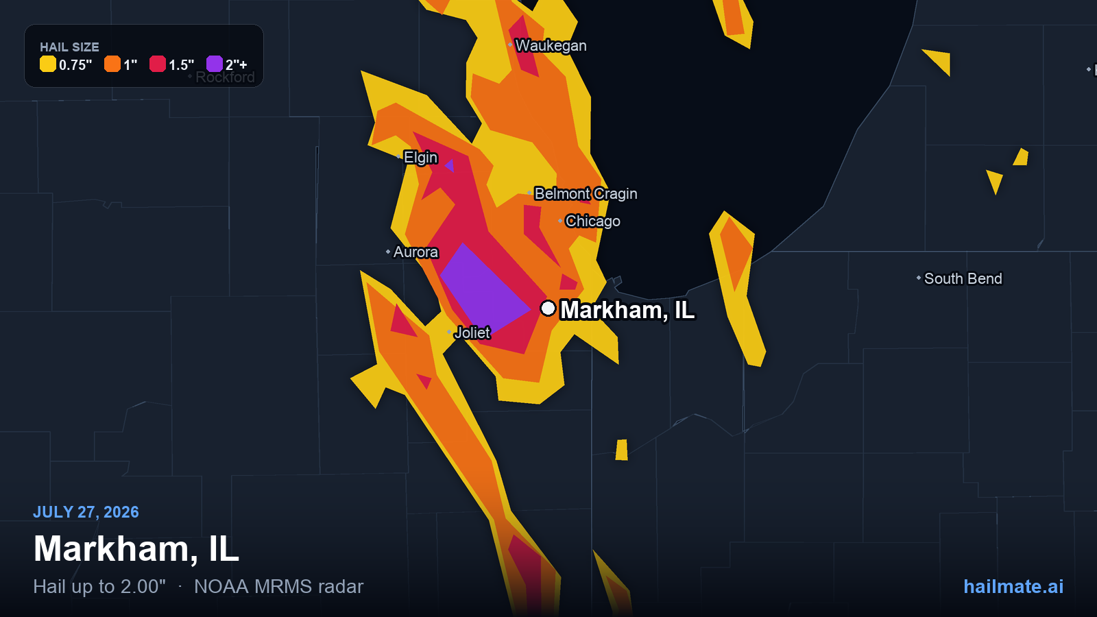 Hail swath map for Markham, IL on July 27, 2026 showing 2.00 inch hail.