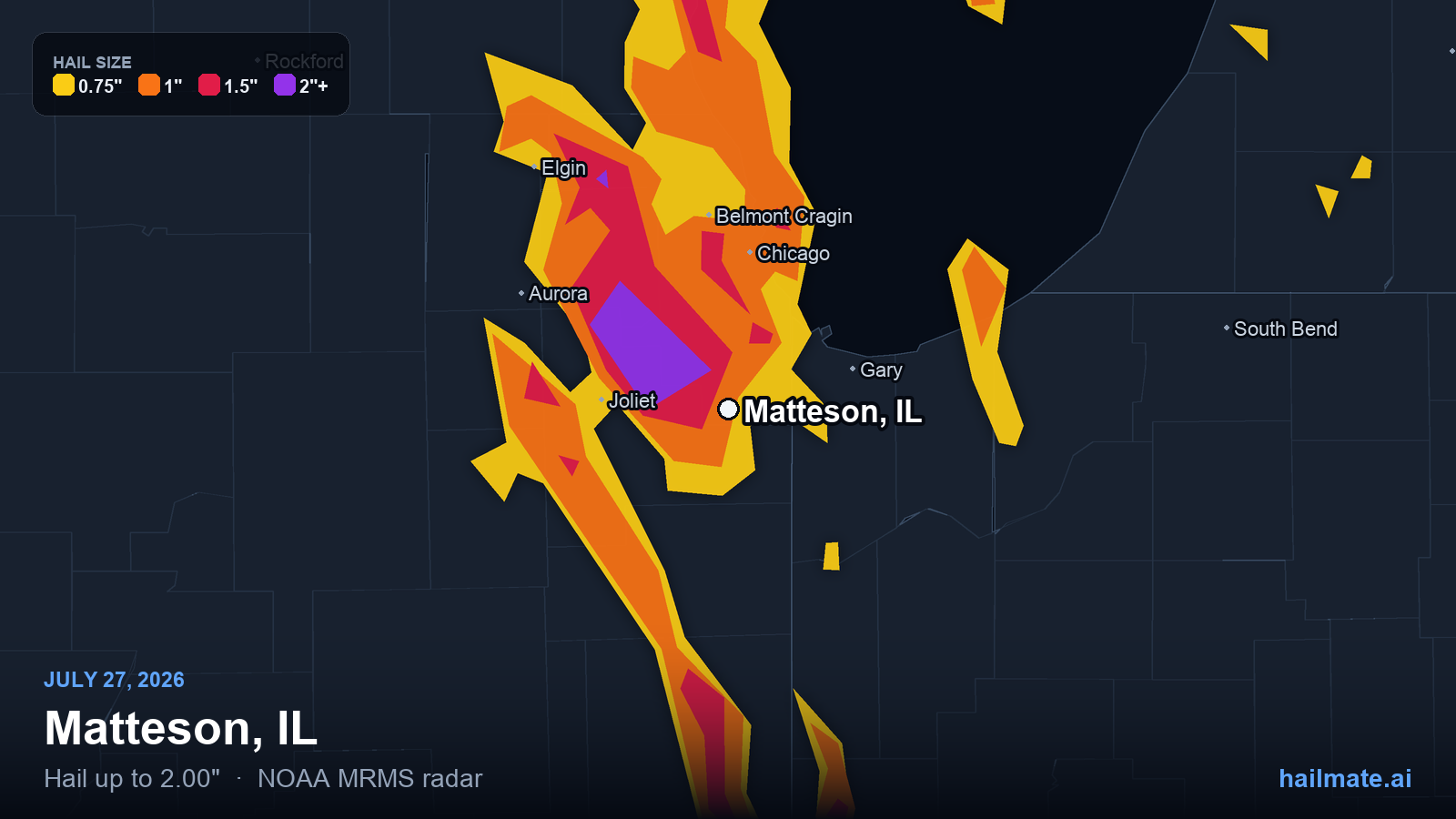 Hail swath map for Matteson, IL on July 27, 2026 showing 2.00 inch hail.