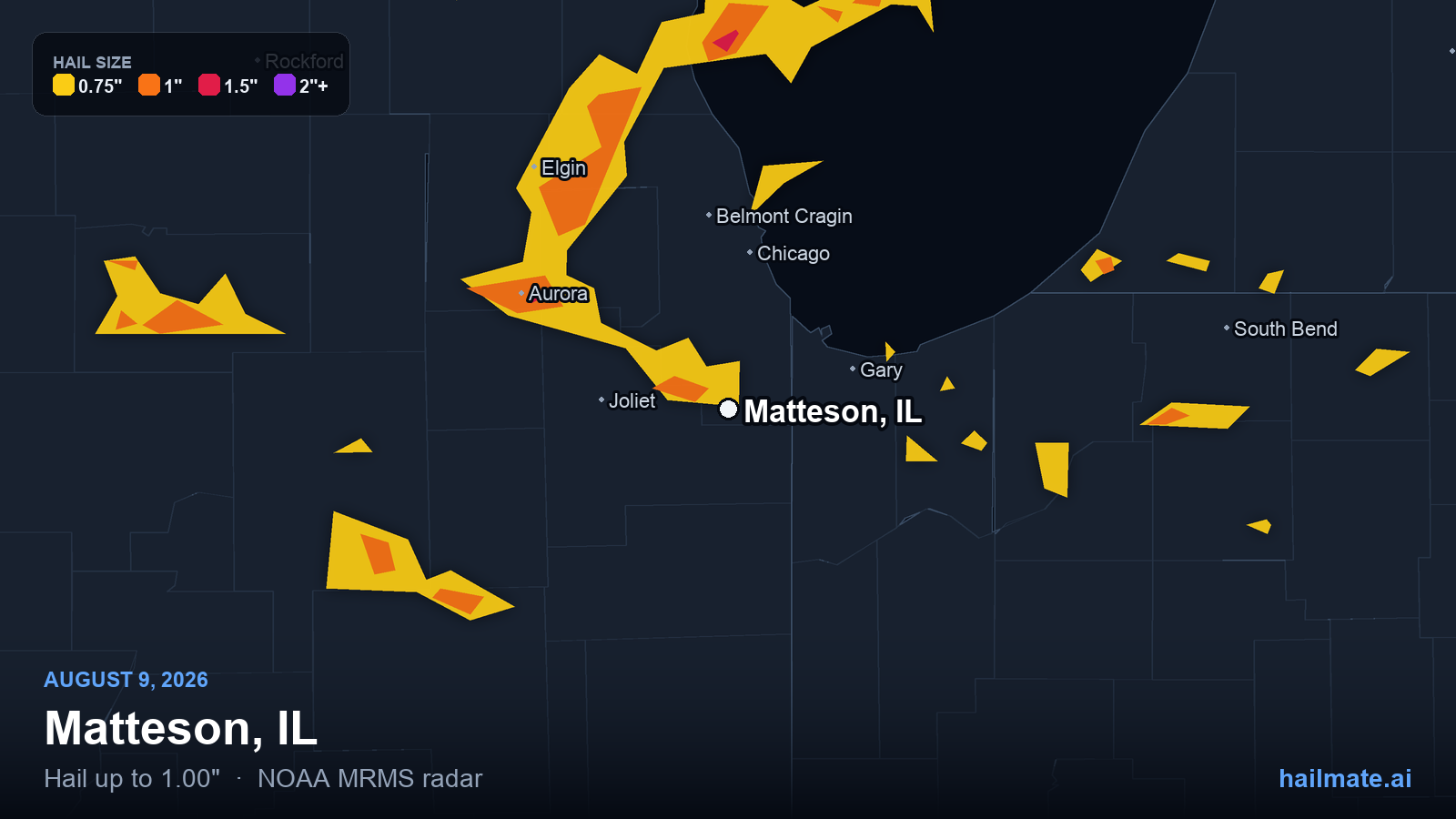 Hail swath map for Matteson, IL on August 9, 2026 showing 1.00 inch hail.