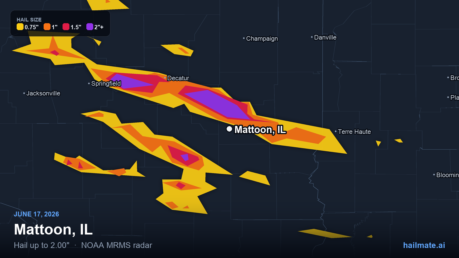 Hail swath map for Mattoon, IL on June 17, 2026 showing 2.00 inch hail.