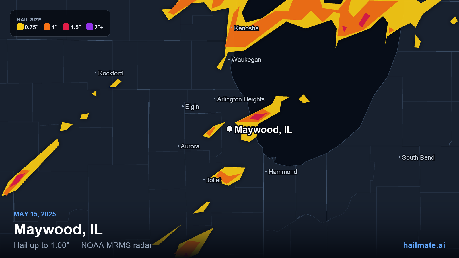 Hail swath map for Maywood, IL on May 15, 2025 showing 1.00 inch hail.