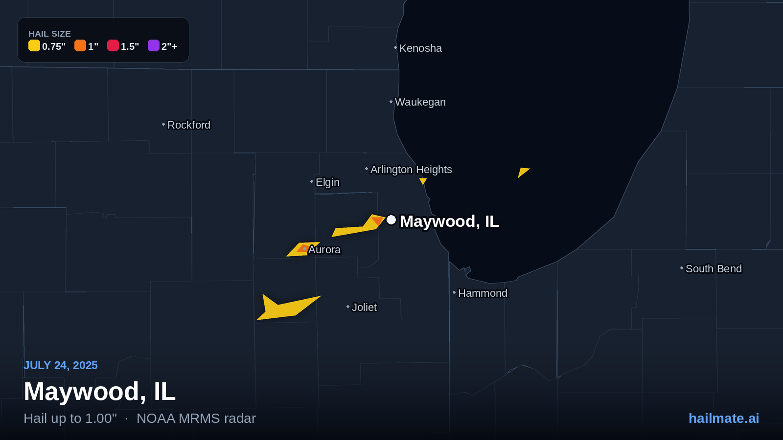 Hail swath map for Maywood, IL on July 24, 2025 showing 1.00 inch hail.
