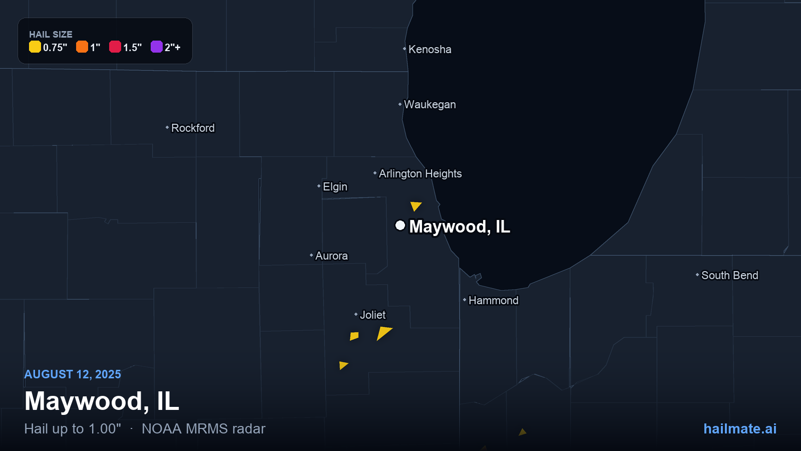Hail swath map for Maywood, IL on August 12, 2025 showing 1.00 inch hail.
