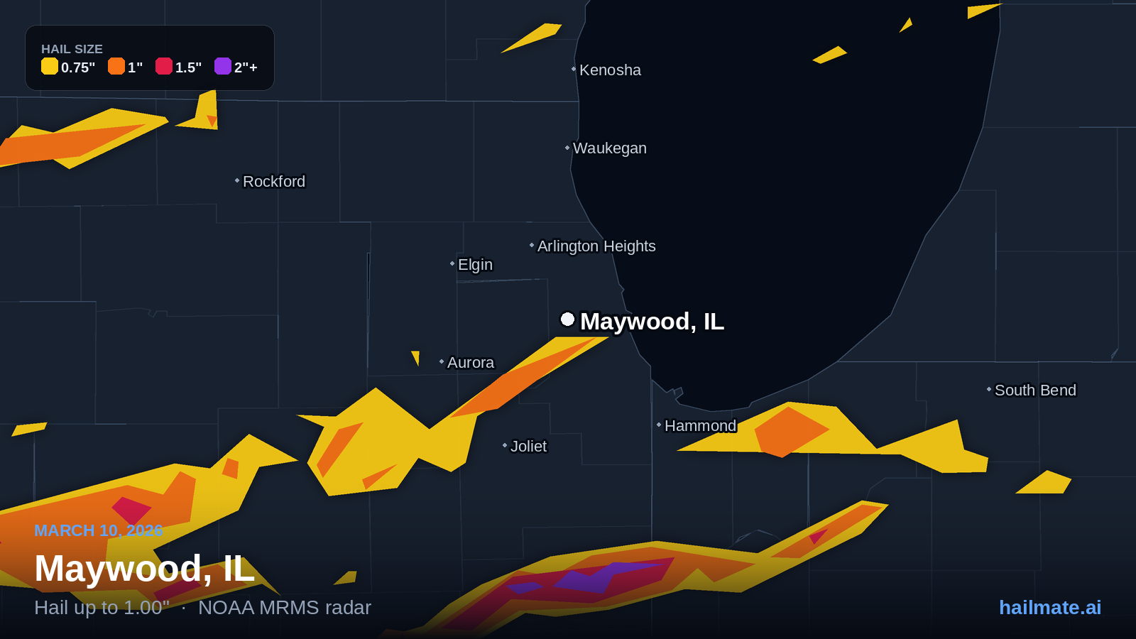 Hail swath map for Maywood, IL on March 10, 2026 showing 1.00 inch hail.