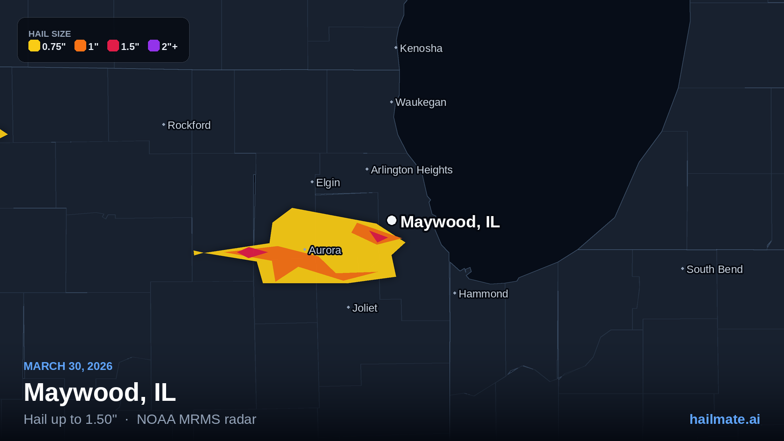 Hail swath map for Maywood, IL on March 30, 2026 showing 1.50 inch hail.