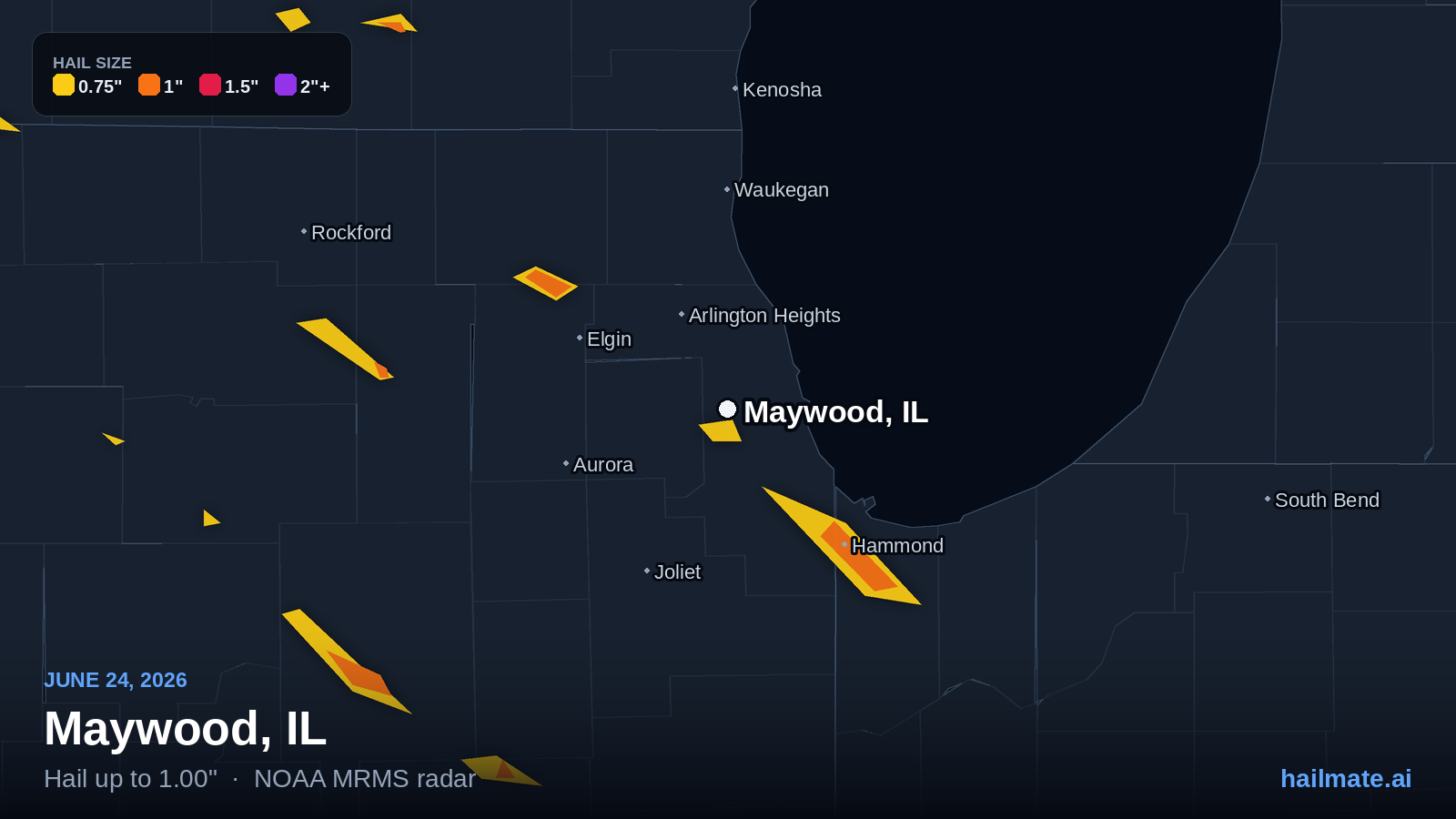 Hail swath map for Maywood, IL on June 24, 2026 showing 1.00 inch hail.