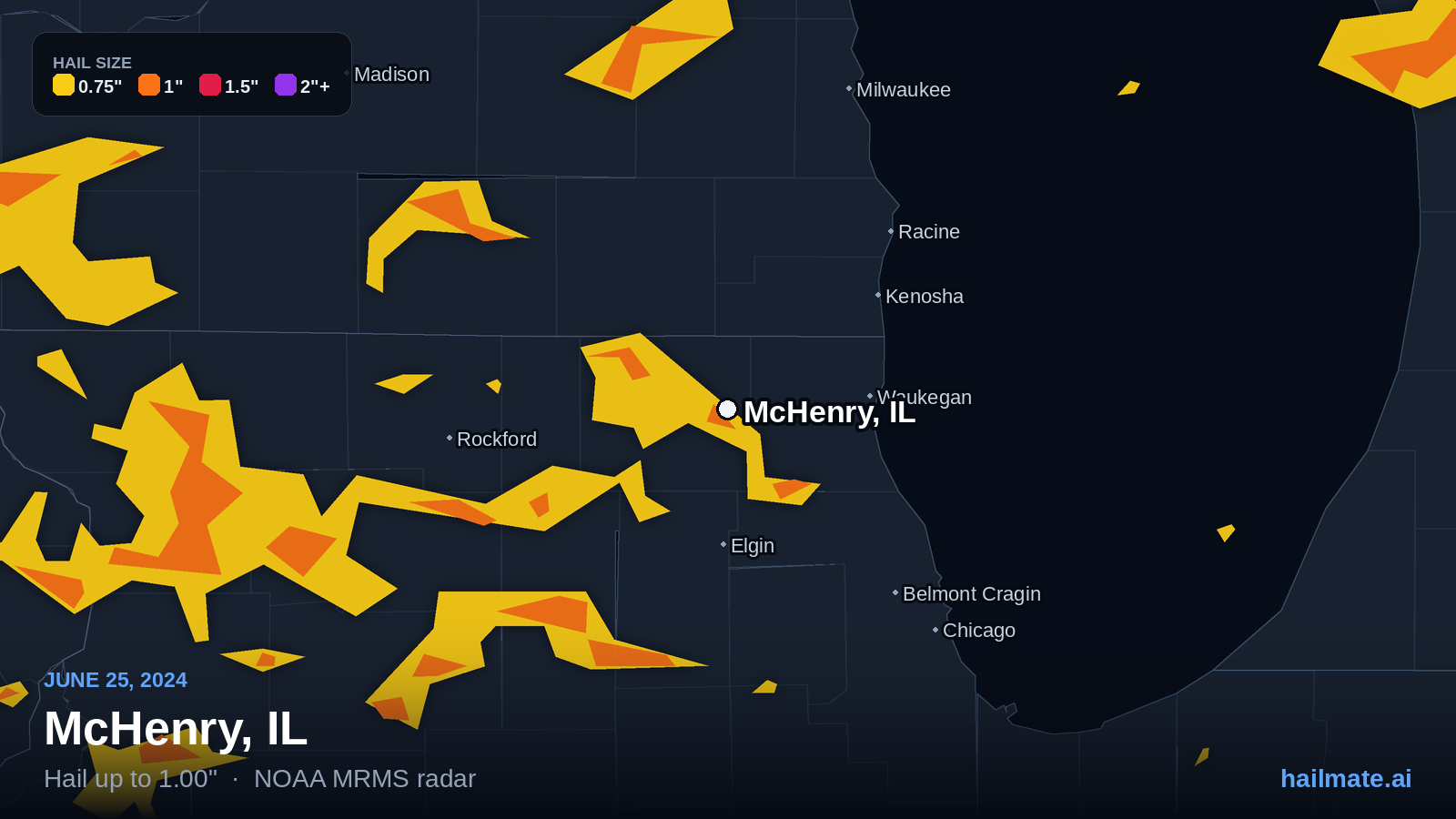 Hail swath map for McHenry, IL on June 25, 2024 showing 1.00 inch hail.