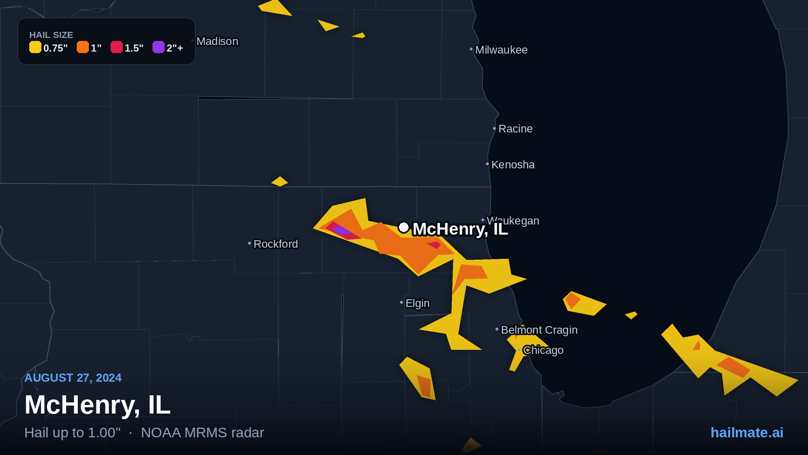 Hail swath map for McHenry, IL on August 27, 2024 showing 1.00 inch hail.