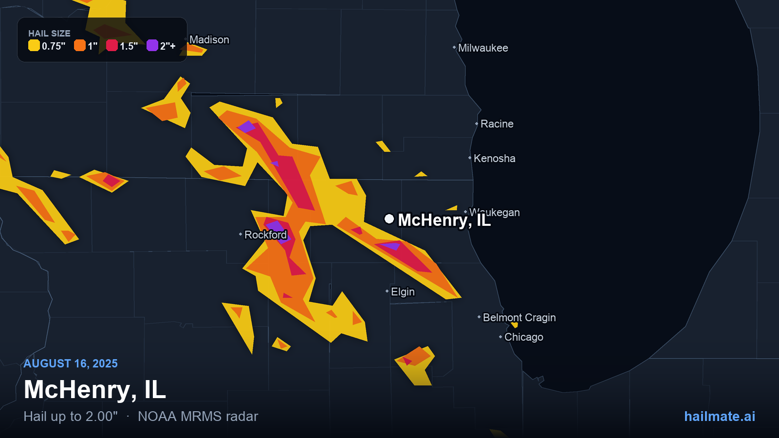 Hail swath map for McHenry, IL on August 16, 2025 showing 2.00 inch hail.