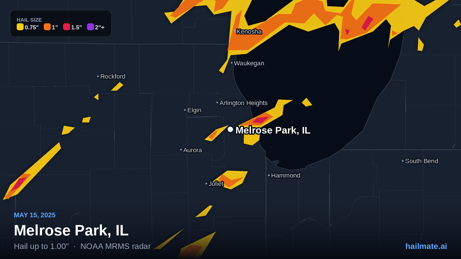 Hail swath map for Melrose Park, IL on May 15, 2025 showing 1.00 inch hail.
