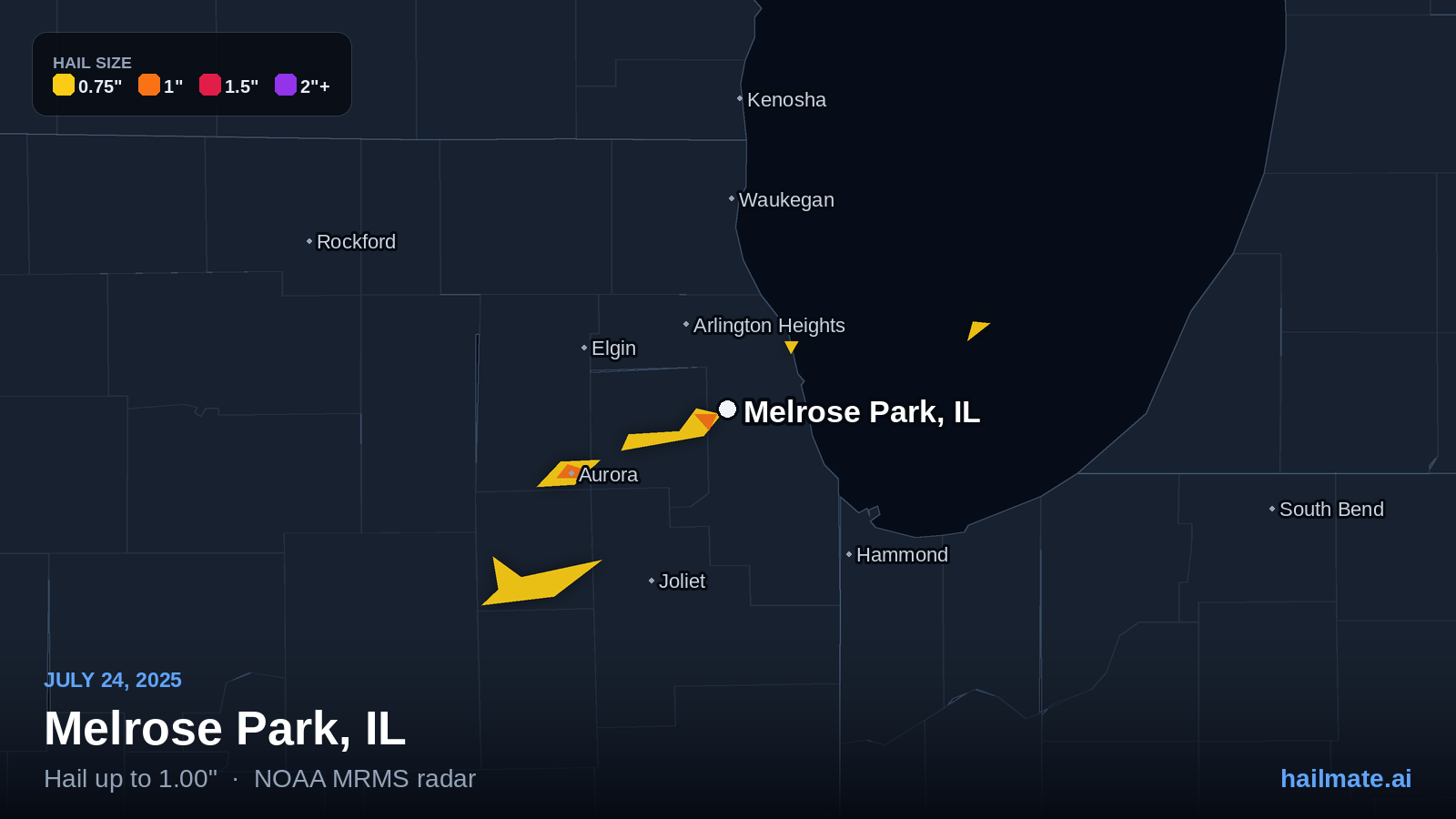 Hail swath map for Melrose Park, IL on July 24, 2025 showing 1.00 inch hail.
