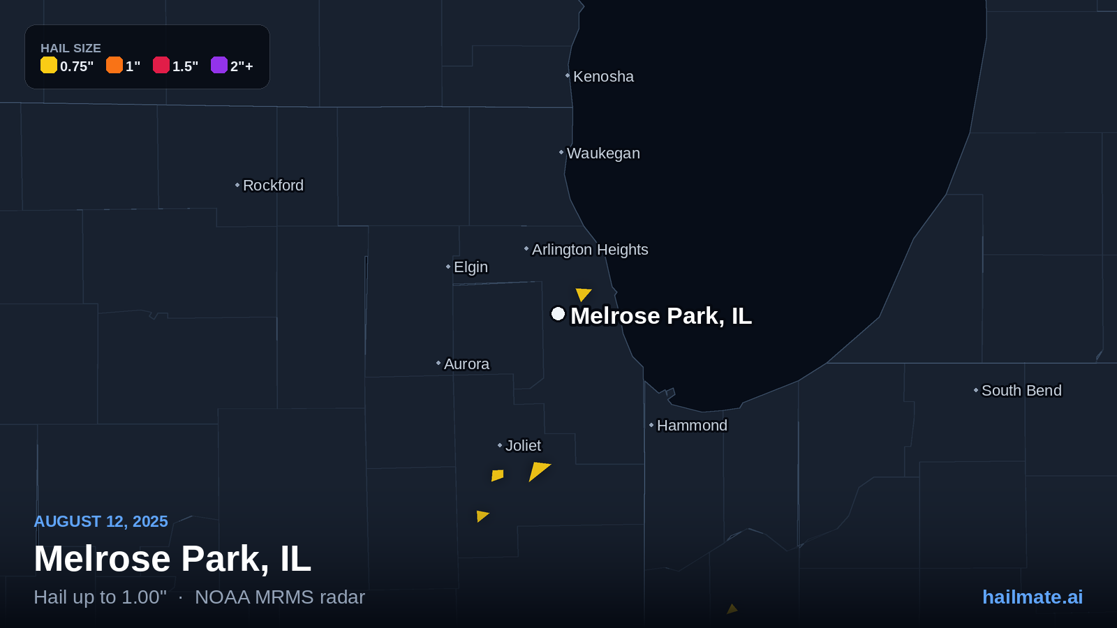 Hail swath map for Melrose Park, IL on August 12, 2025 showing 1.00 inch hail.