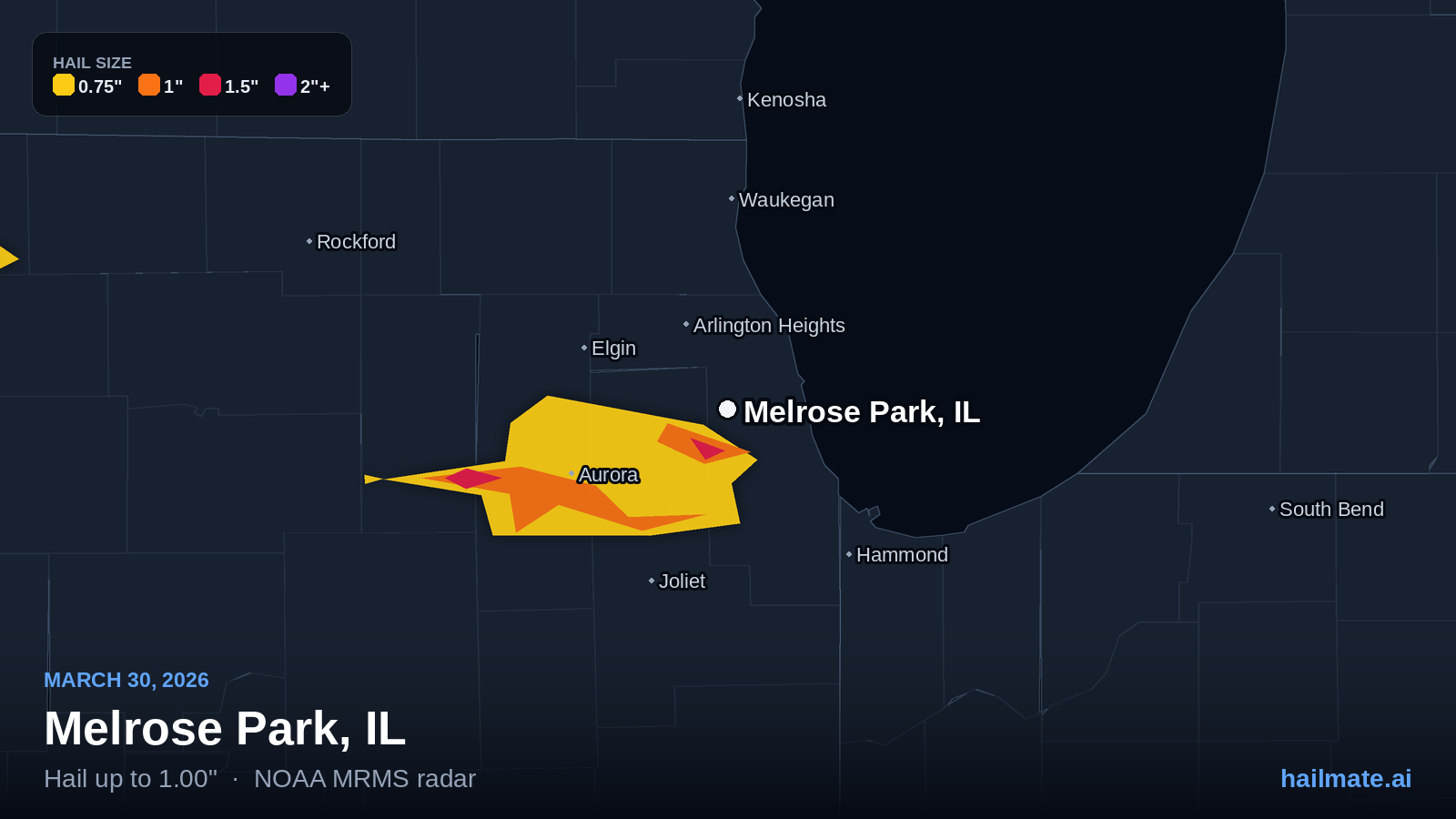 Hail swath map for Melrose Park, IL on March 30, 2026 showing 1.00 inch hail.