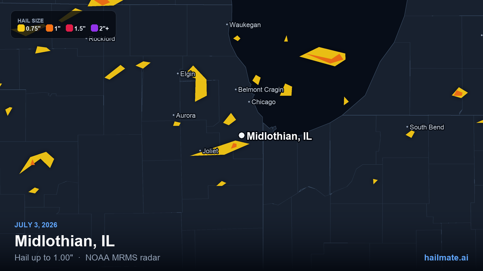 Hail swath map for Midlothian, IL on July 3, 2026 showing 1.00 inch hail.