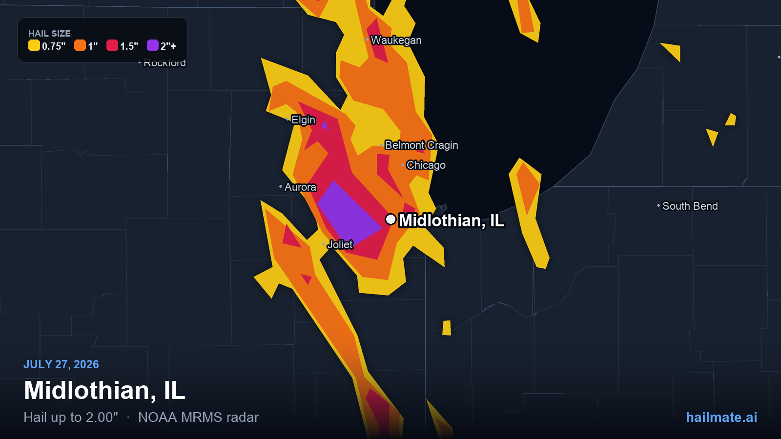 Hail swath map for Midlothian, IL on July 27, 2026 showing 2.00 inch hail.