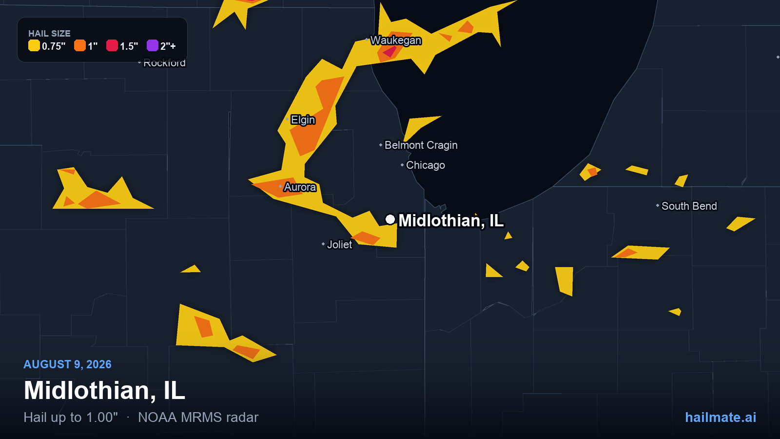Hail swath map for Midlothian, IL on August 9, 2026 showing 1.00 inch hail.