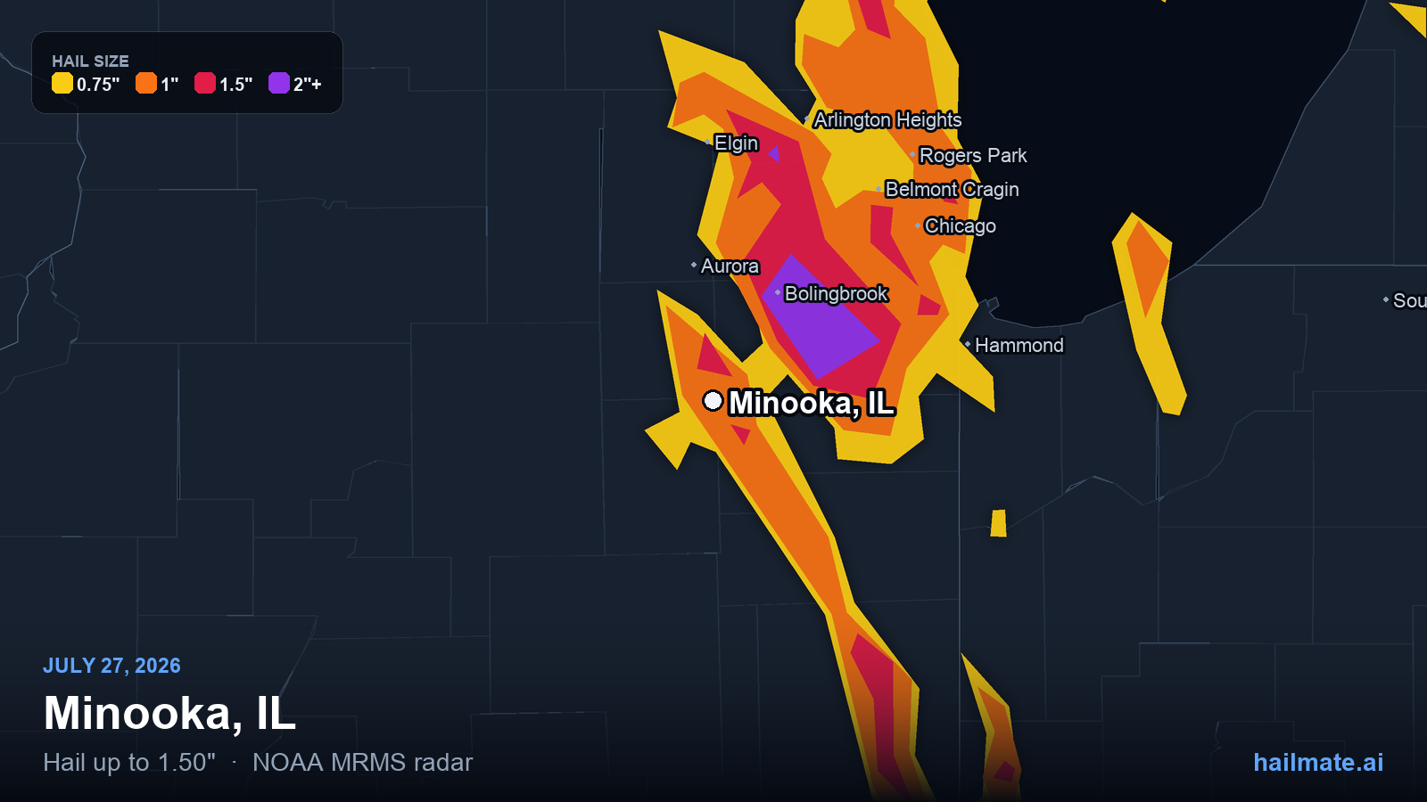 Hail swath map for Minooka, IL on July 27, 2026 showing 1.50 inch hail.