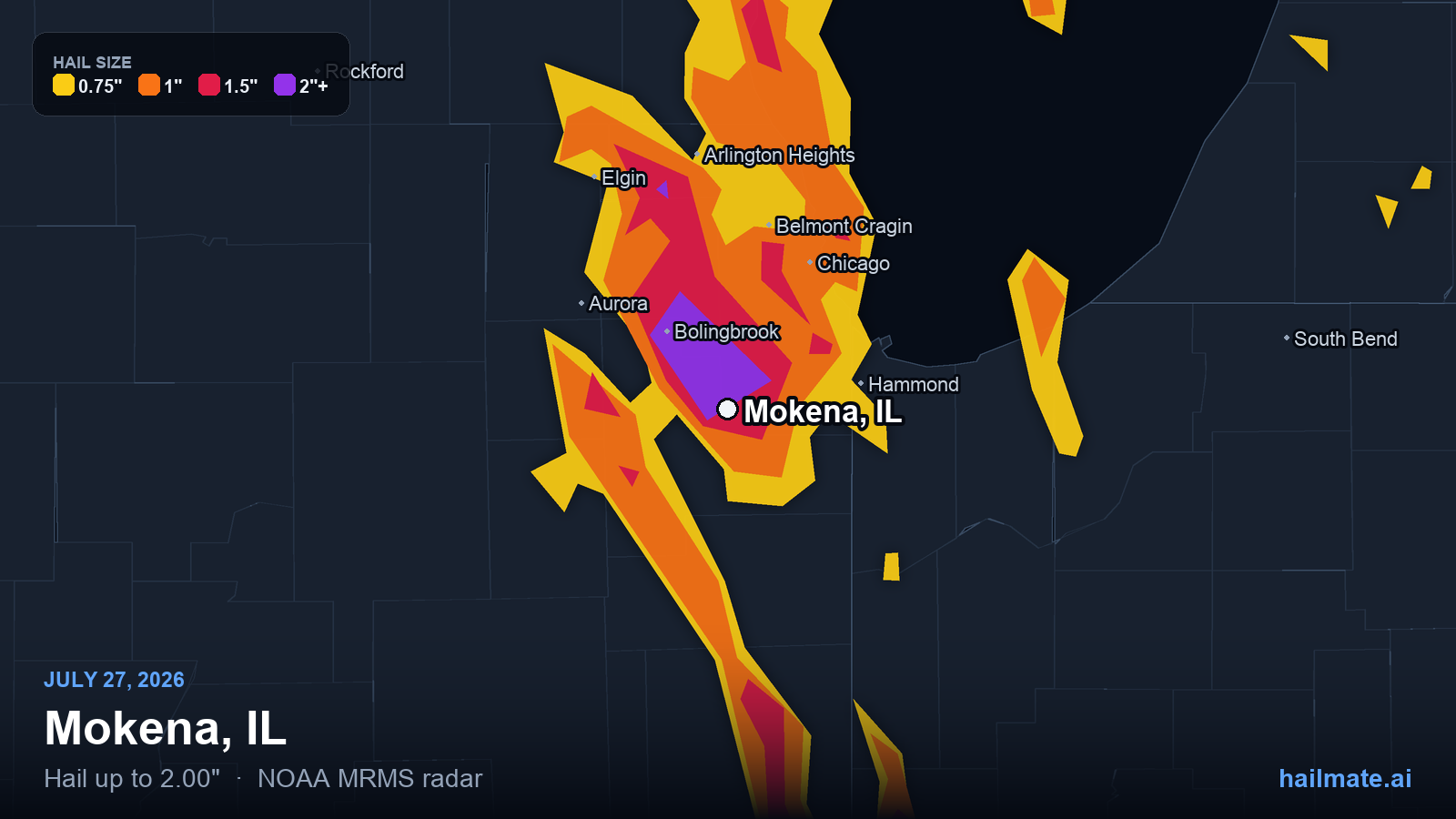 Hail swath map for Mokena, IL on July 27, 2026 showing 2.00 inch hail.