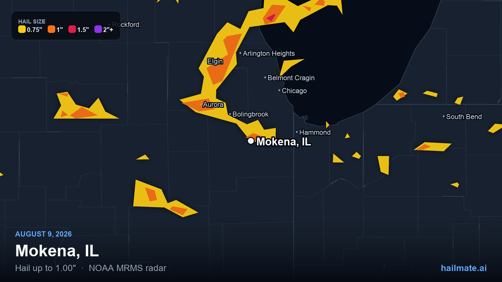 Hail swath map for Mokena, IL on August 9, 2026 showing 1.00 inch hail.