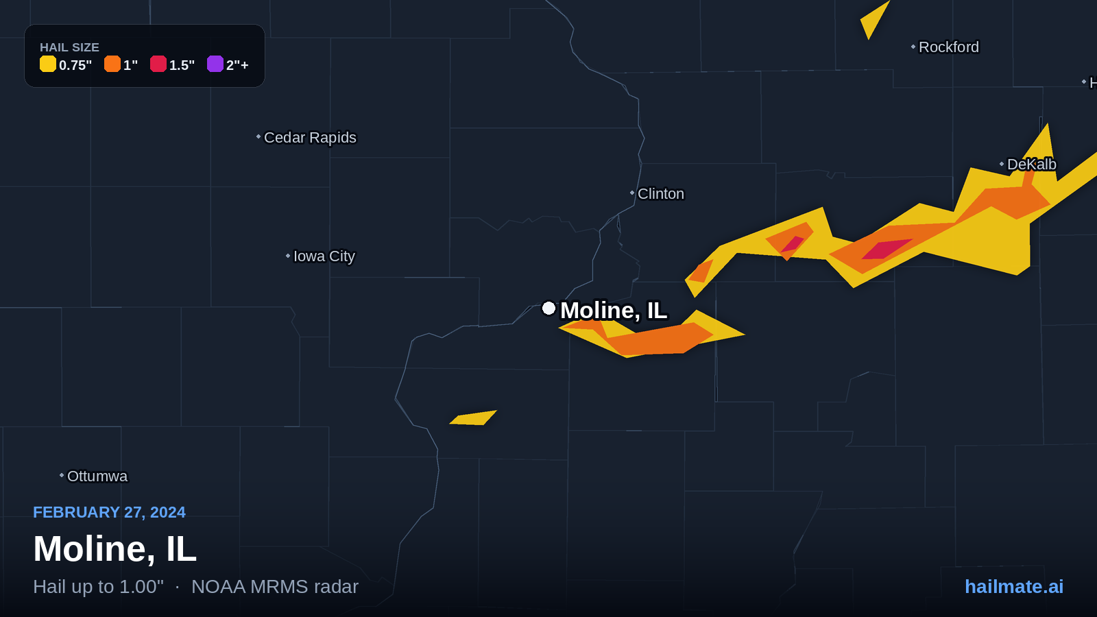 Hail swath map for Moline, IL on February 27, 2024 showing 1.00 inch hail.