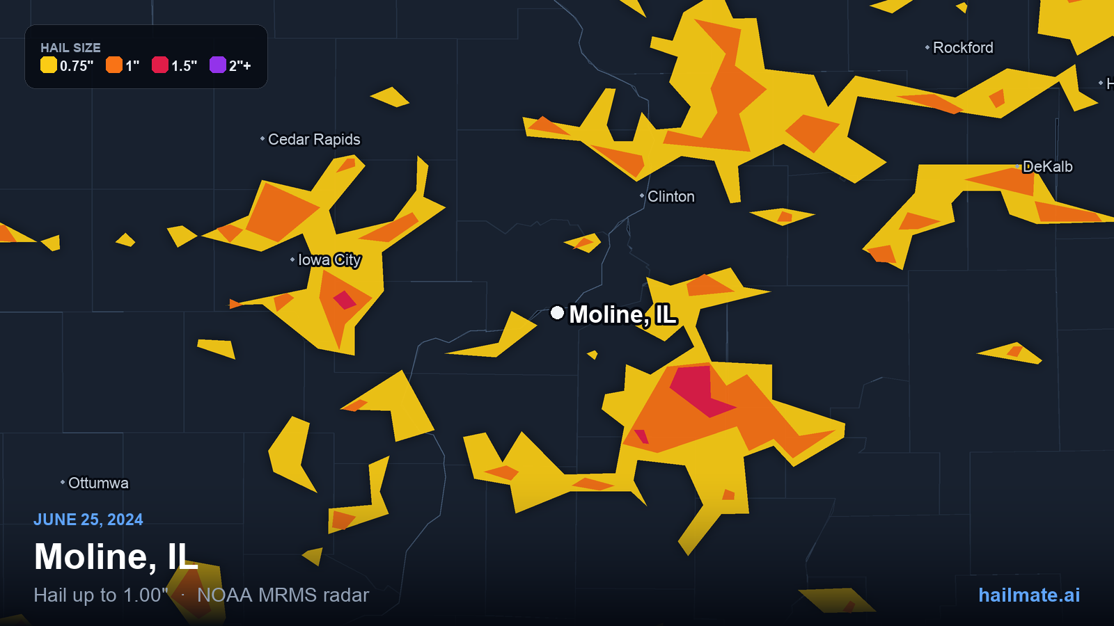 Hail swath map for Moline, IL on June 25, 2024 showing 1.00 inch hail.