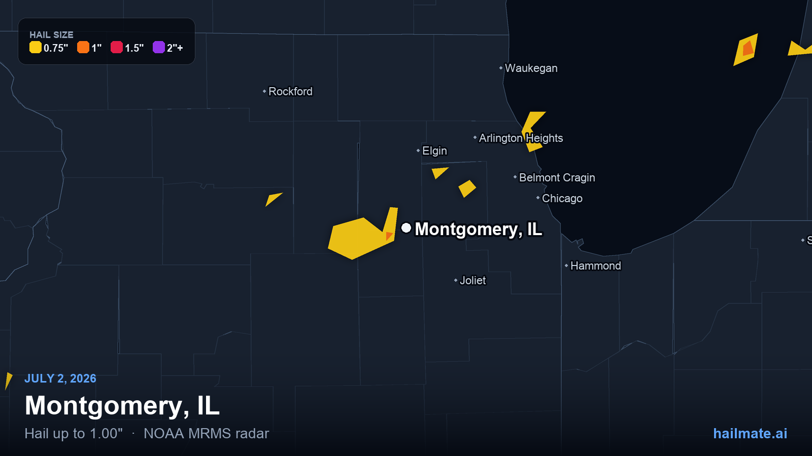 Hail swath map for Montgomery, IL on July 2, 2026 showing 1.00 inch hail.
