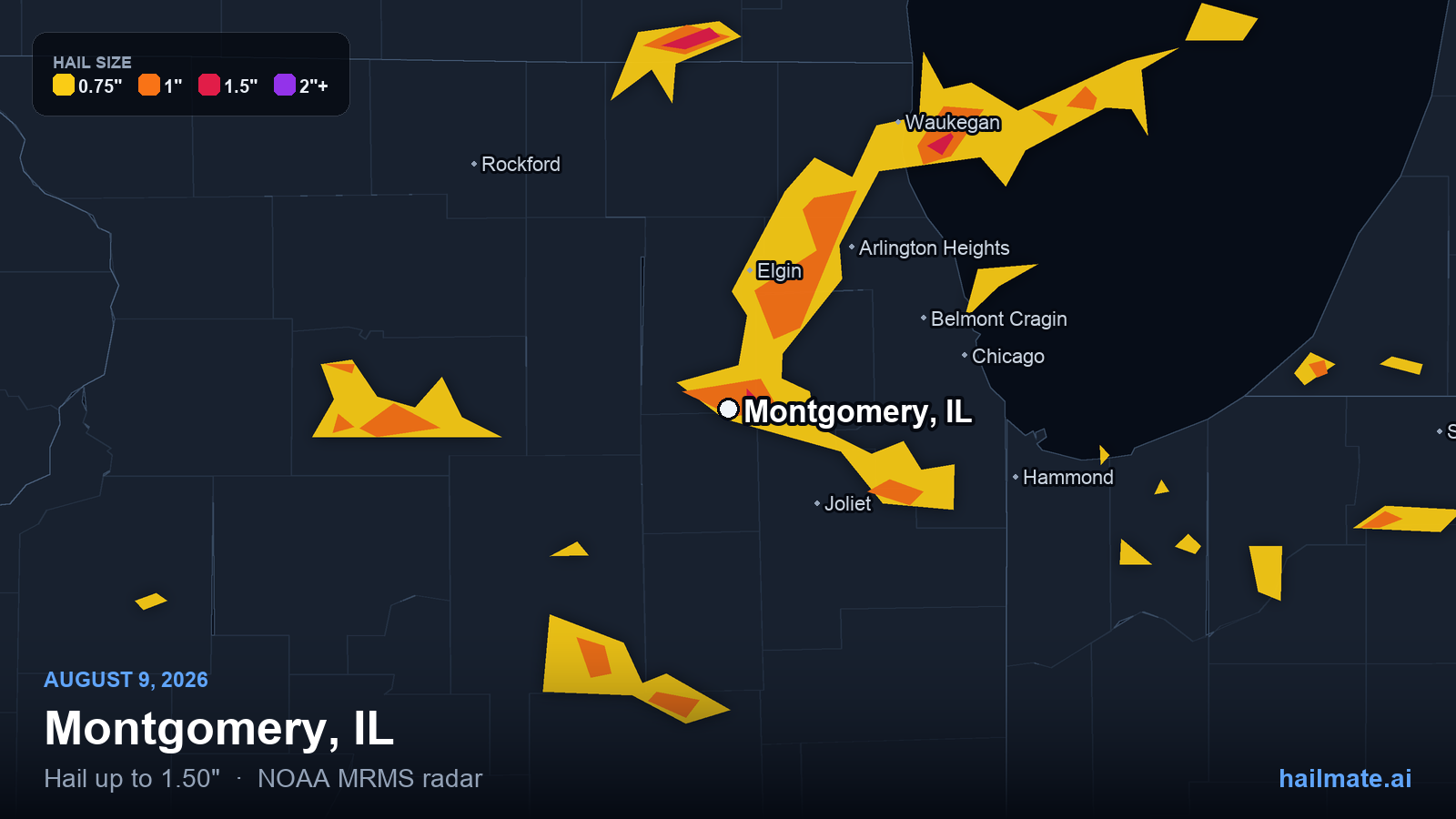 Hail swath map for Montgomery, IL on August 9, 2026 showing 1.50 inch hail.