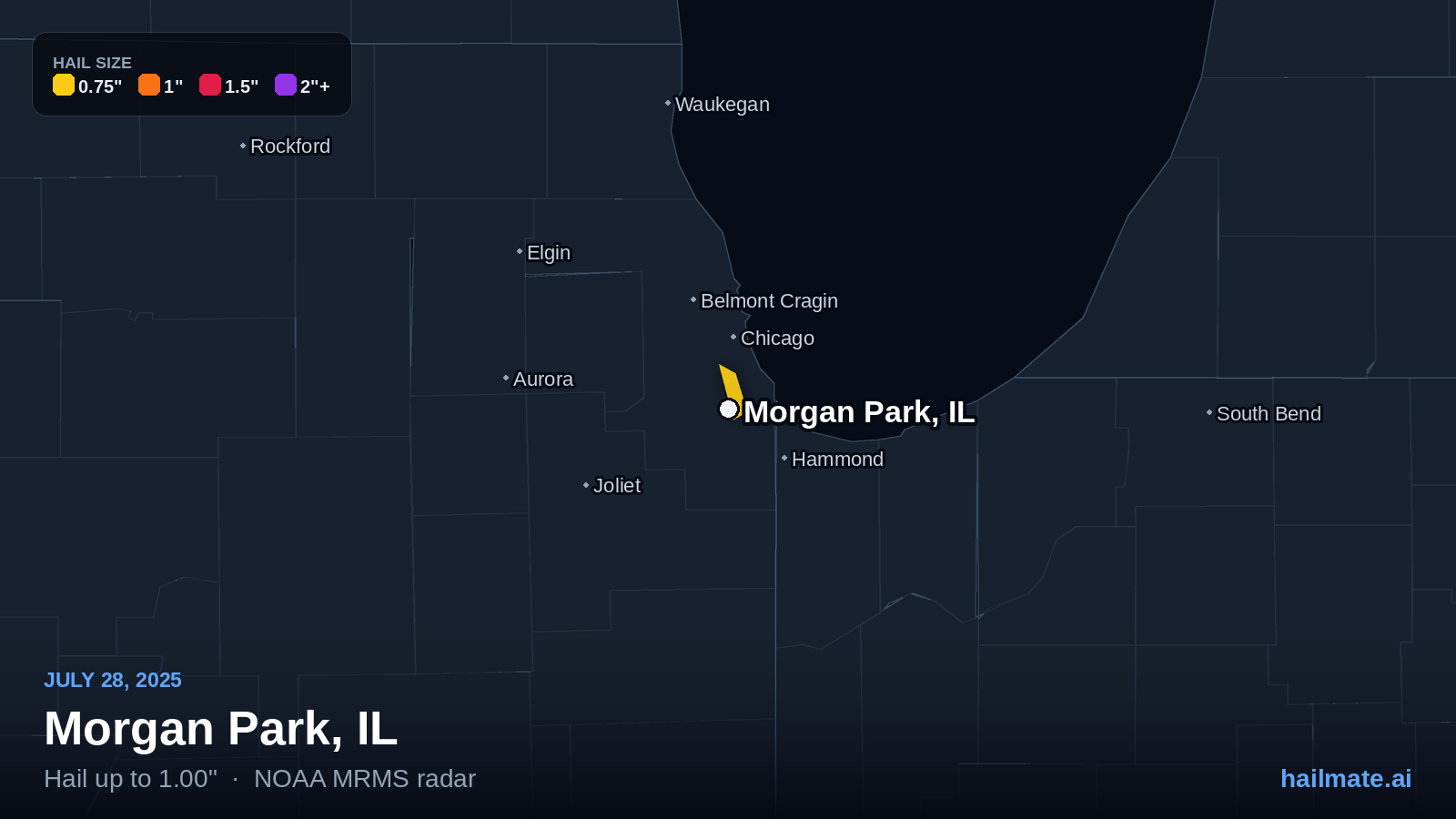Hail swath map for Morgan Park, IL on July 28, 2025 showing 1.00 inch hail.