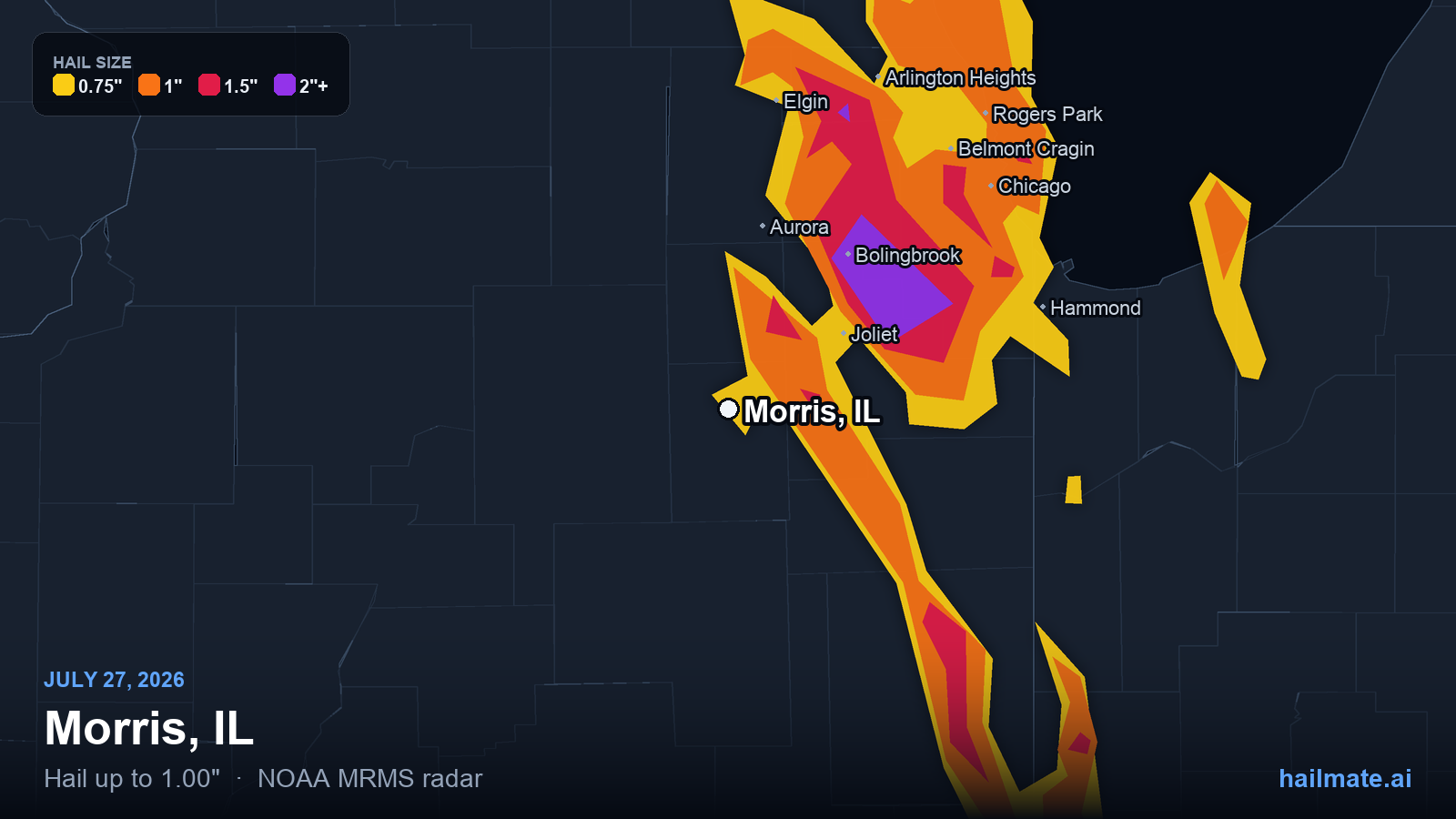 Hail swath map for Morris, IL on July 27, 2026 showing 1.00 inch hail.