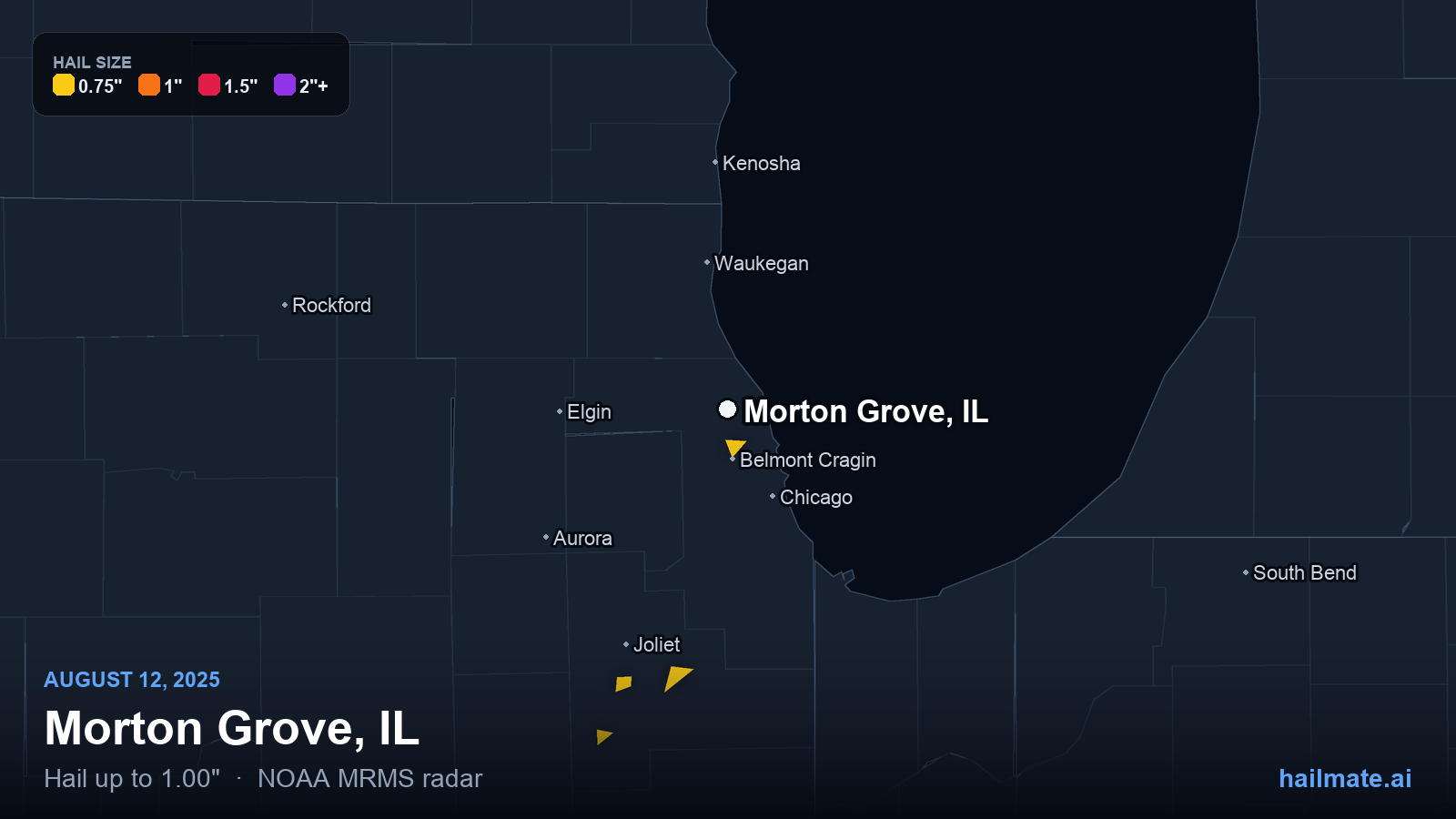 Hail swath map for Morton Grove, IL on August 12, 2025 showing 1.00 inch hail.