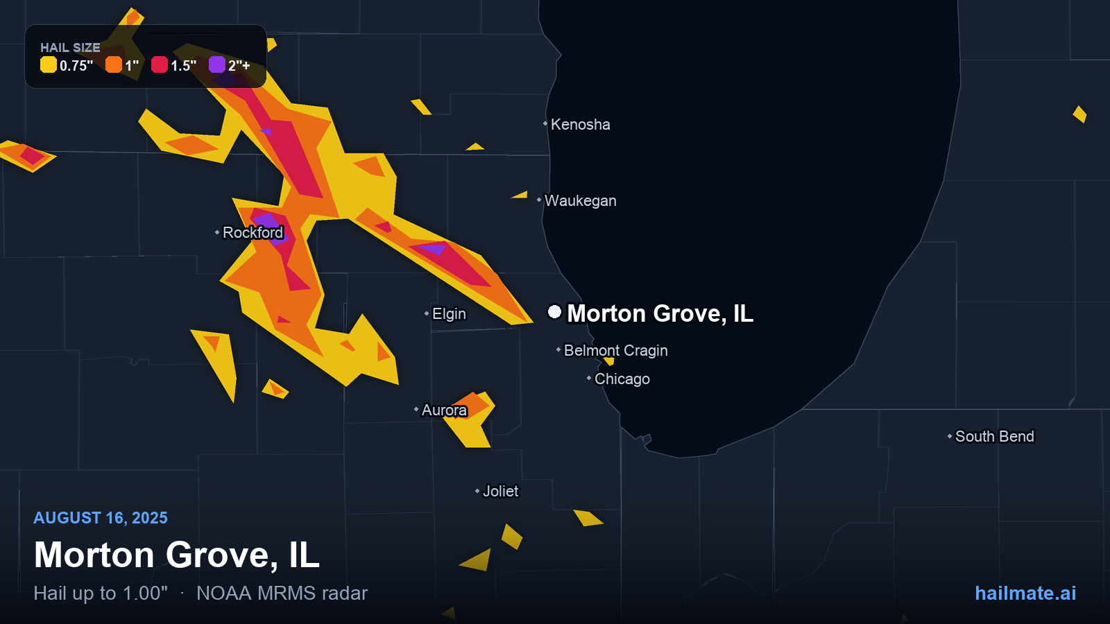 Hail swath map for Morton Grove, IL on August 16, 2025 showing 1.00 inch hail.