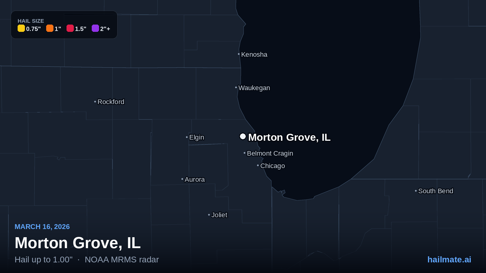 Hail swath map for Morton Grove, IL on March 16, 2026 showing 1.00 inch hail.