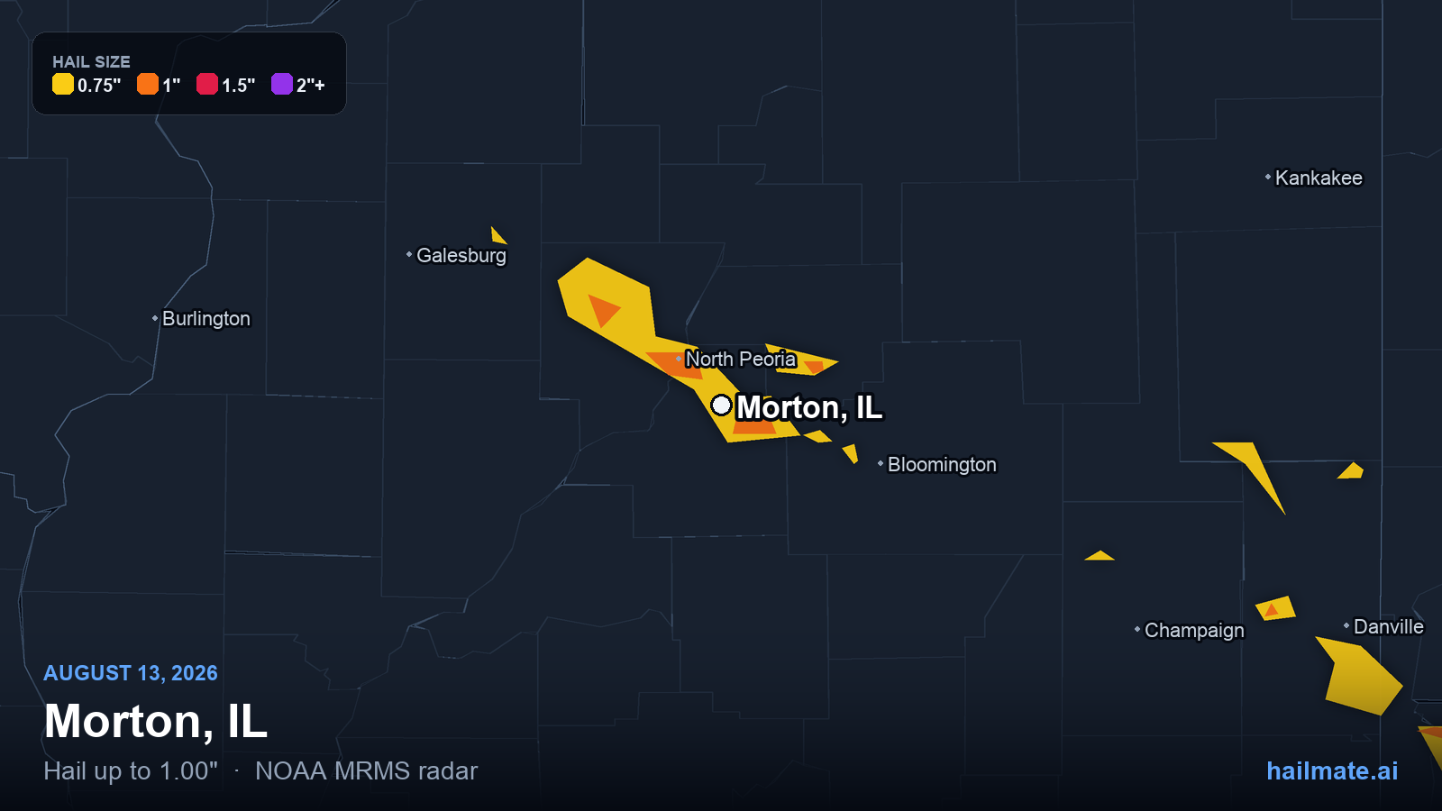 Hail swath map for Morton, IL on August 13, 2026 showing 1.00 inch hail.