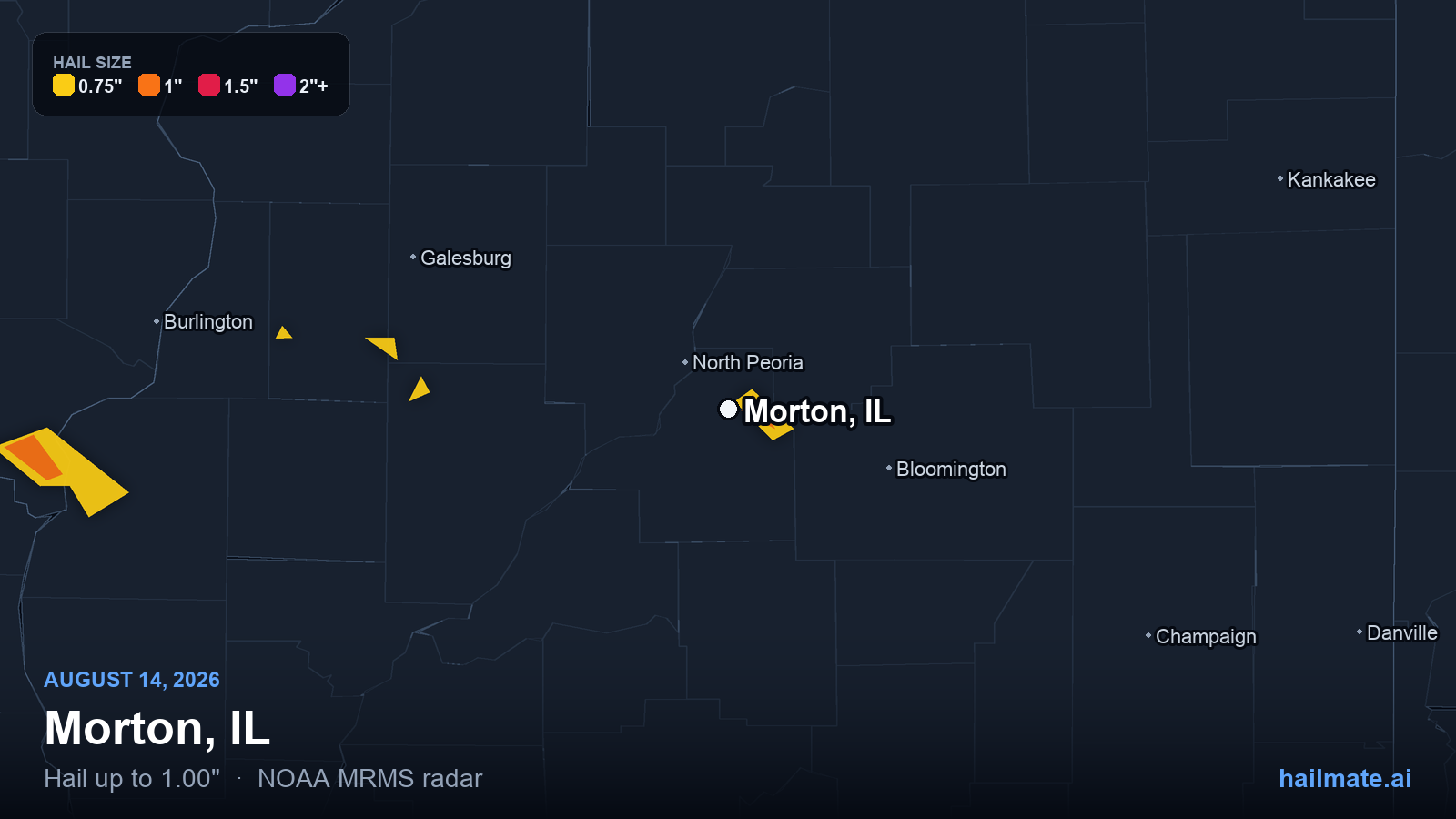 Hail swath map for Morton, IL on August 14, 2026 showing 1.00 inch hail.