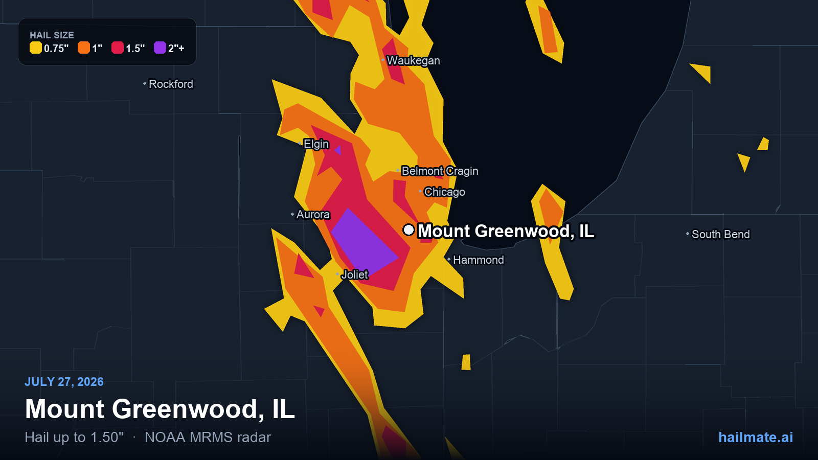 Hail swath map for Mount Greenwood, IL on July 27, 2026 showing 1.50 inch hail.