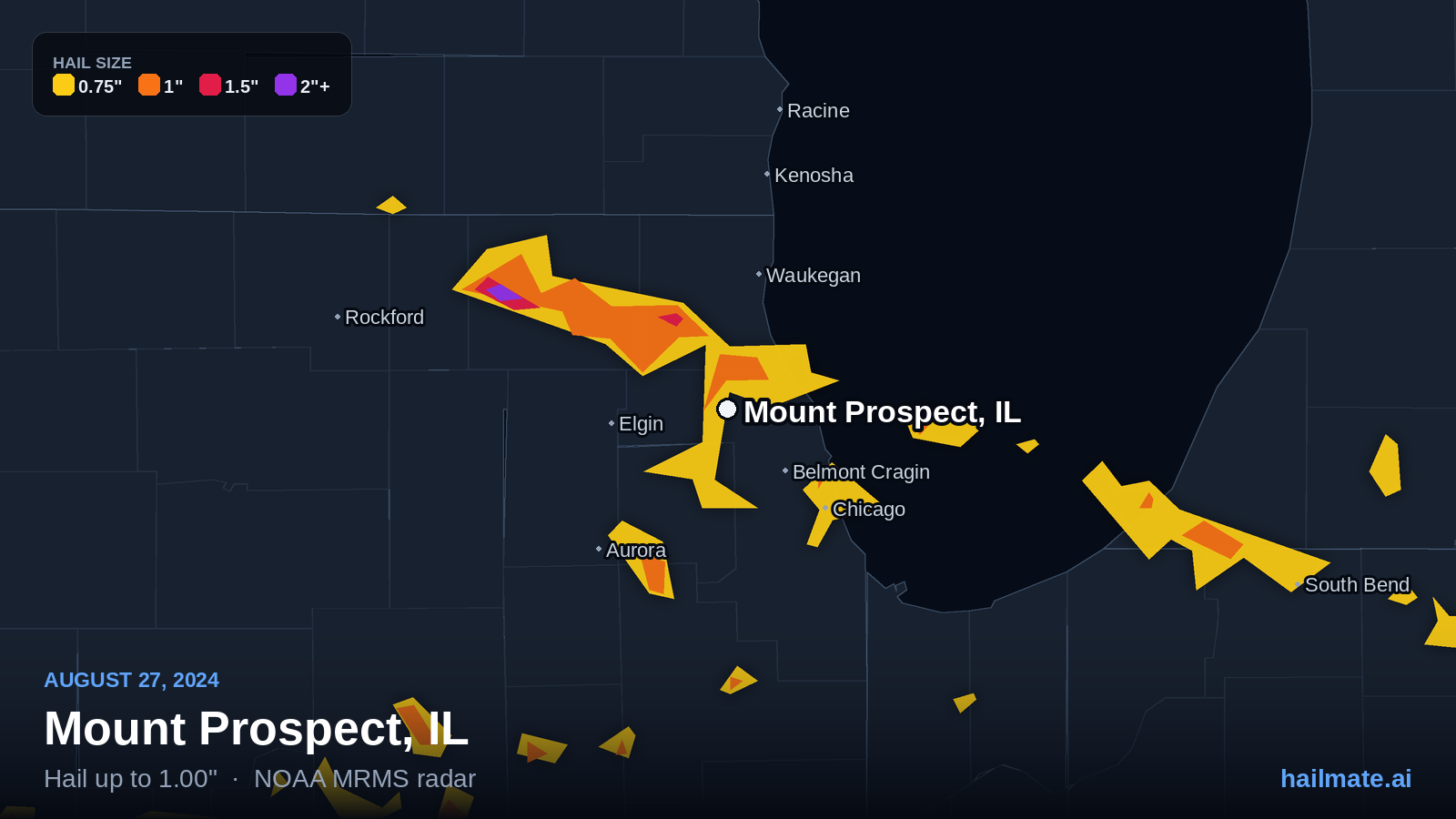 Hail swath map for Mount Prospect, IL on August 27, 2024 showing 1.00 inch hail.