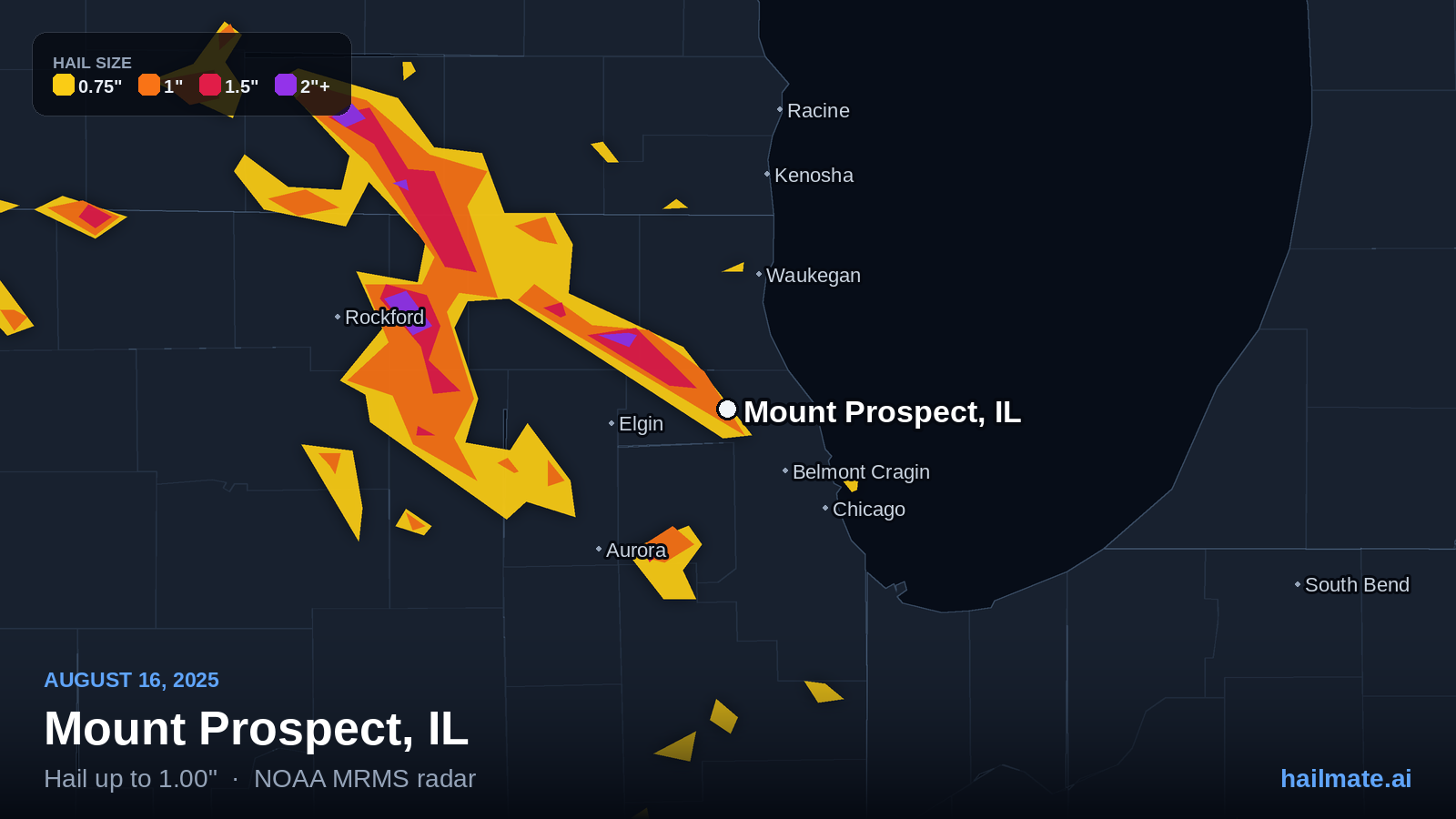 Hail swath map for Mount Prospect, IL on August 16, 2025 showing 1.00 inch hail.