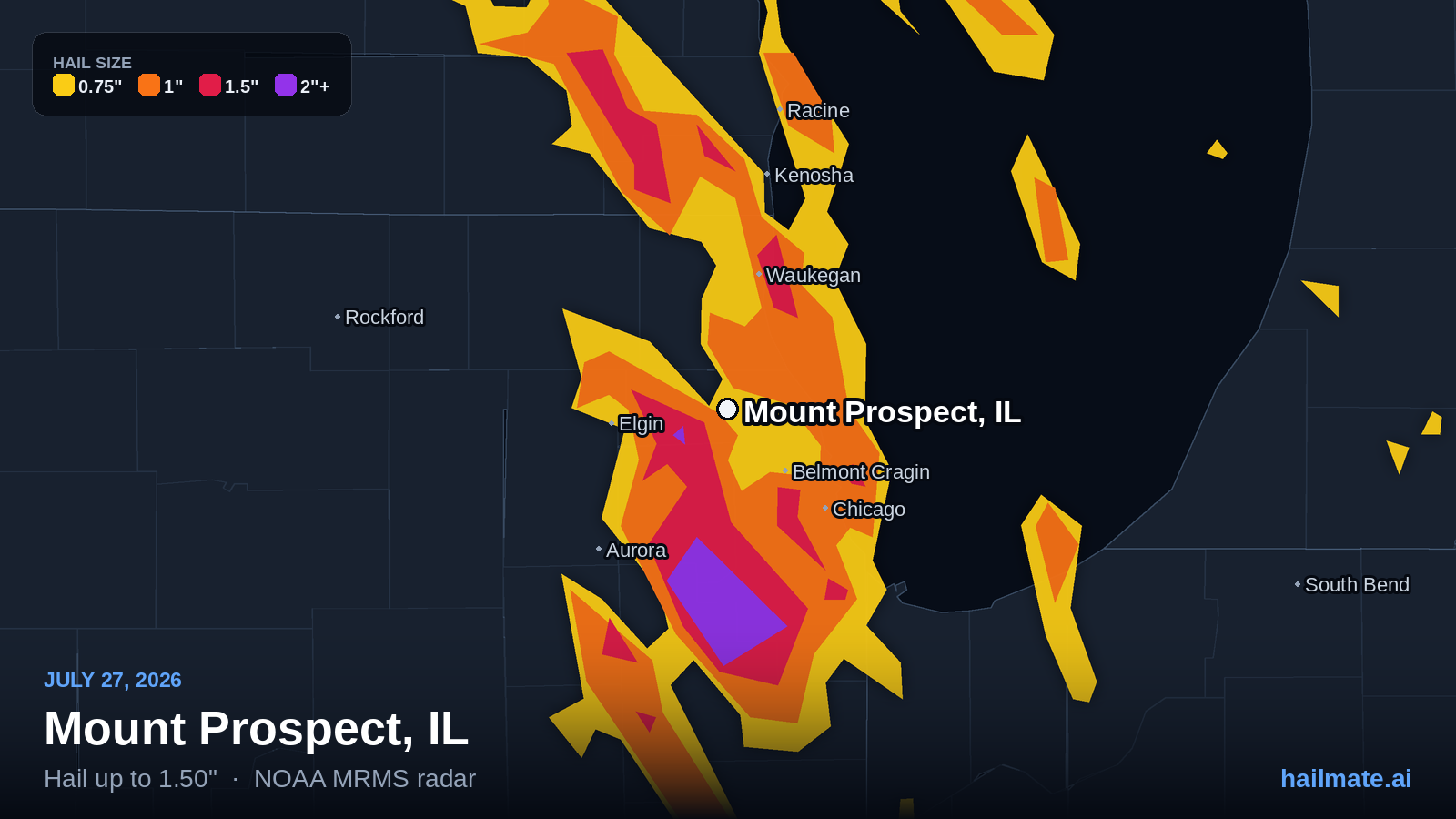 Hail swath map for Mount Prospect, IL on July 27, 2026 showing 1.50 inch hail.