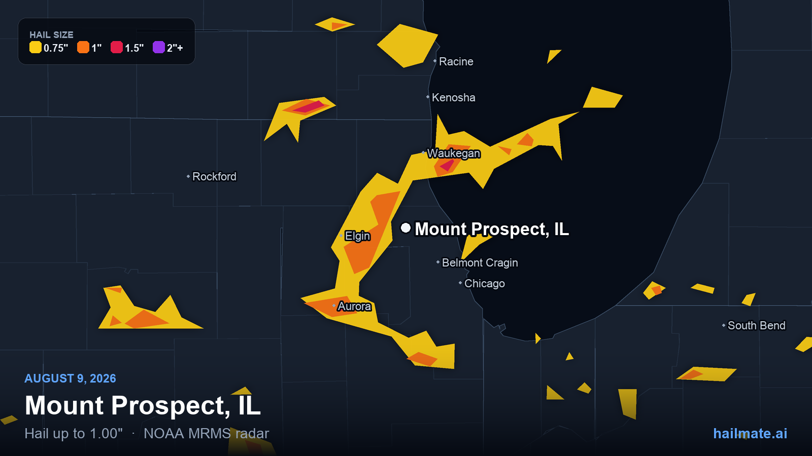 Hail swath map for Mount Prospect, IL on August 9, 2026 showing 1.00 inch hail.