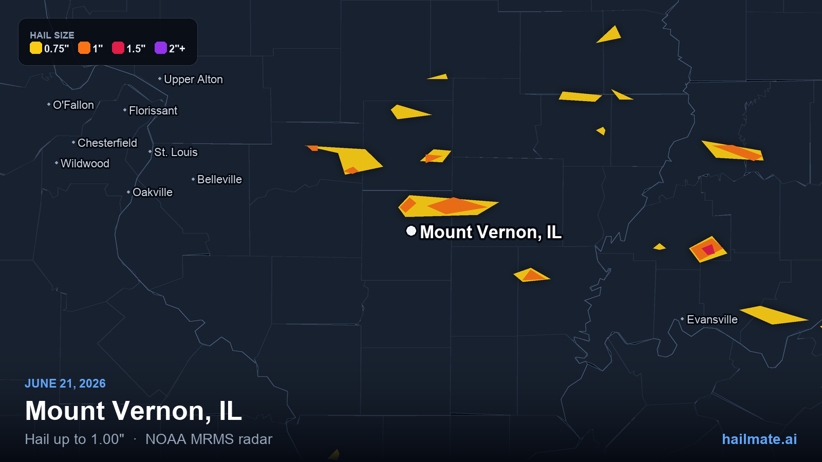 Hail swath map for Mount Vernon, IL on June 21, 2026 showing 1.00 inch hail.
