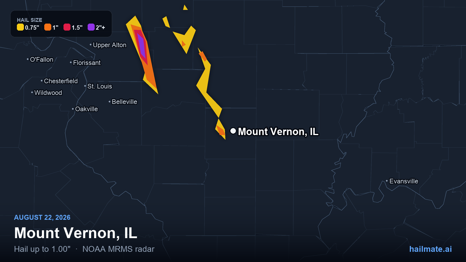 Hail swath map for Mount Vernon, IL on August 22, 2026 showing 1.00 inch hail.