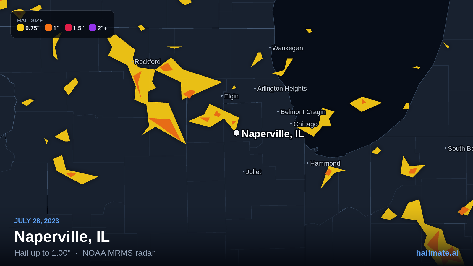 Hail swath map for Naperville, IL on July 28, 2023 showing 1.00 inch hail.