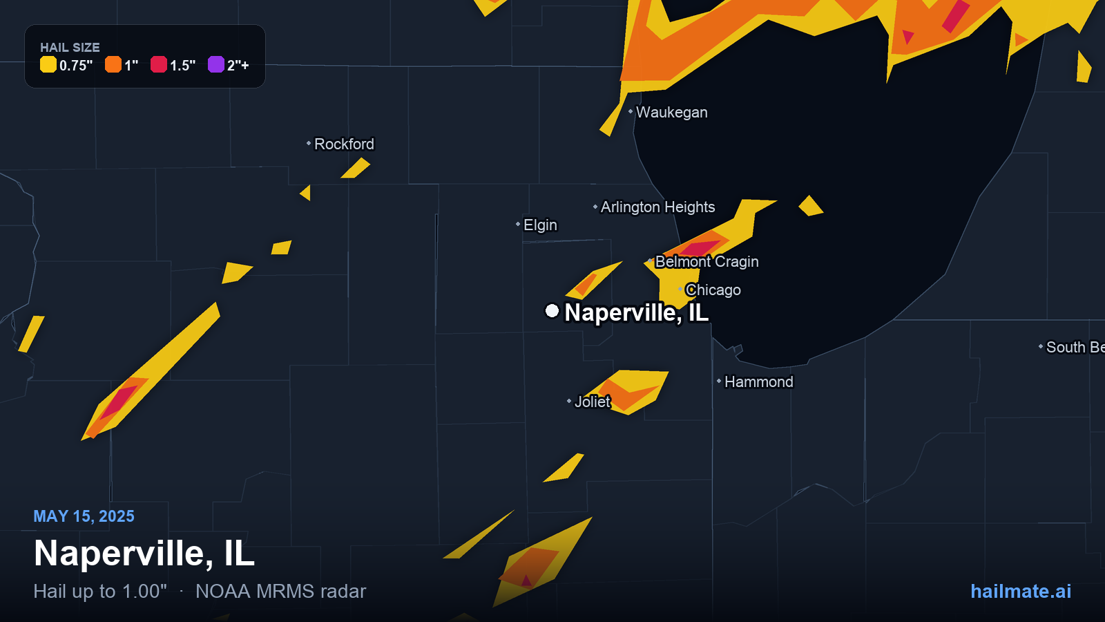 Hail swath map for Naperville, IL on May 15, 2025 showing 1.00 inch hail.