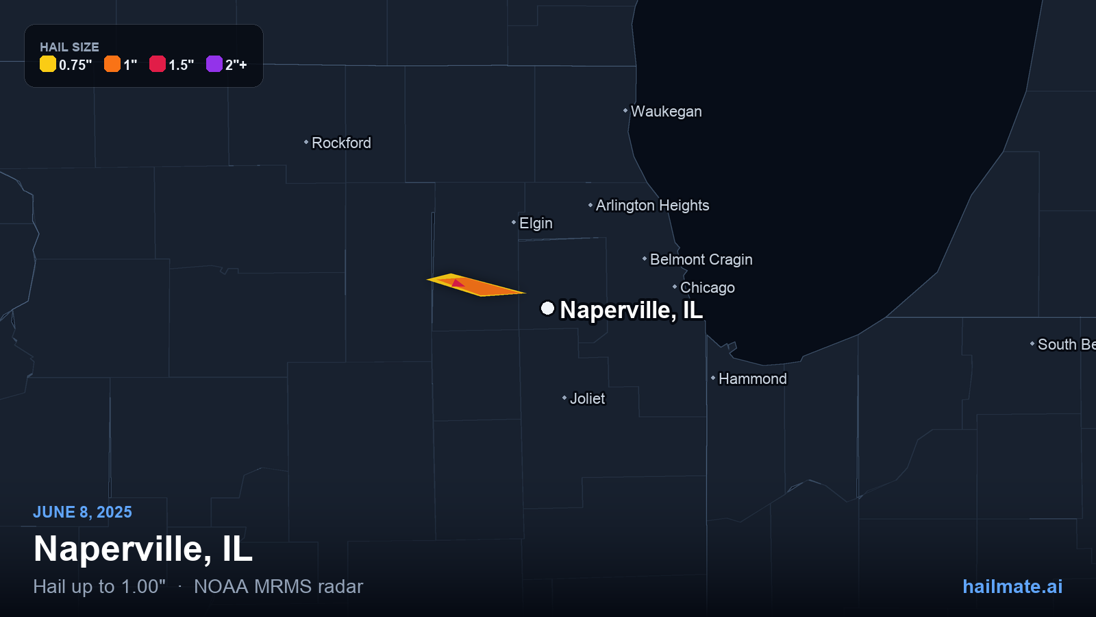 Hail swath map for Naperville, IL on June 8, 2025 showing 1.00 inch hail.