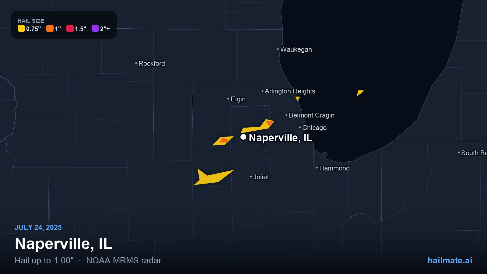 Hail swath map for Naperville, IL on July 24, 2025 showing 1.00 inch hail.