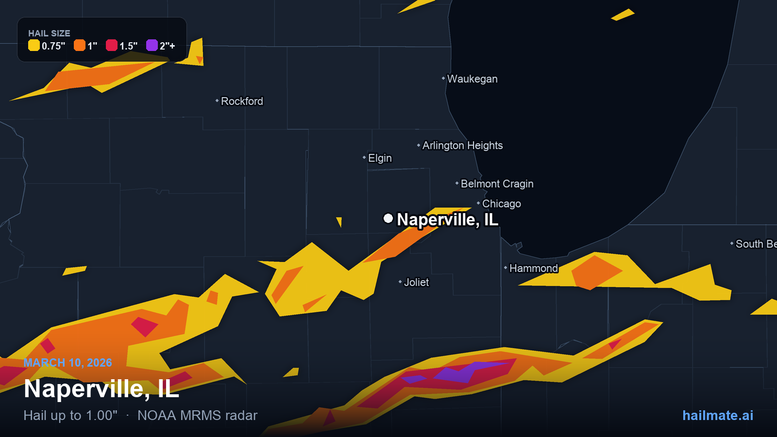 Hail swath map for Naperville, IL on March 10, 2026 showing 1.00 inch hail.