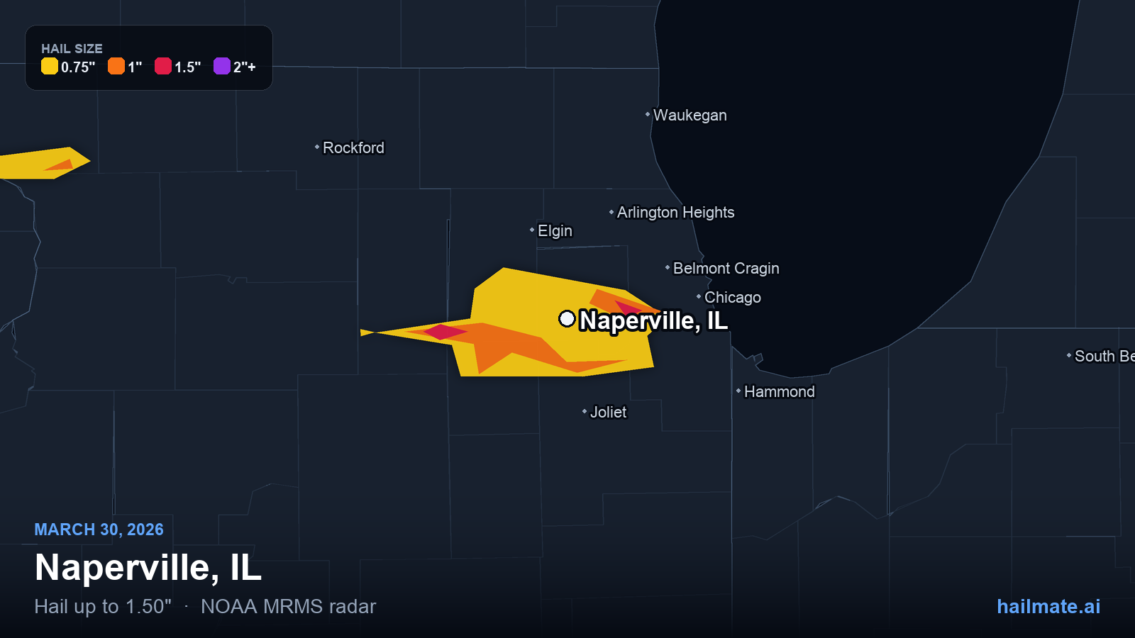 Hail swath map for Naperville, IL on March 30, 2026 showing 1.50 inch hail.
