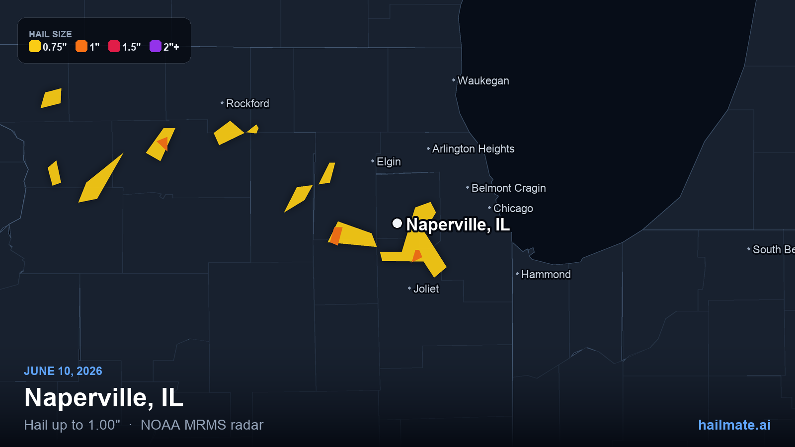 Hail swath map for Naperville, IL on June 10, 2026 showing 1.00 inch hail.