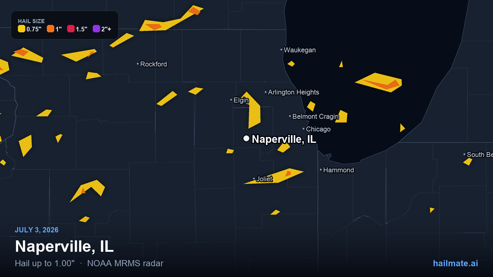 Hail swath map for Naperville, IL on July 3, 2026 showing 1.00 inch hail.