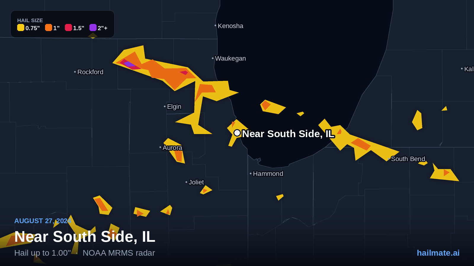 Hail swath map for Near South Side, IL on August 27, 2024 showing 1.00 inch hail.